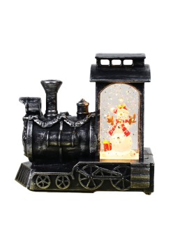 Decoratiune de Craciun tip Locomotiva, Flippy, Glob de Cristal cu Fulgi de Zapada, Model Om de Zapada, Iluminare LED, 11.5 x 12.5 x 6 cm, Carcasa Vintage Bronze, Transparent