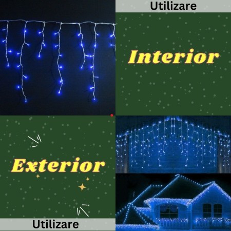 Instalatie Craciun Tip Franjuri/Turturi, 8 Jocuri de Lumini, Interconectabila, 4 m, 120 LED-uri, Prelungitor 1.5 m, Fir transparent, Albastru