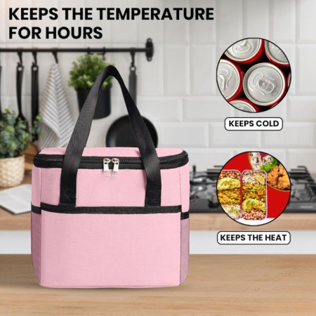 Geanta Termica Flippy pentru Pranz, Compartimente Telefon si Tacamuri, Multifunctionala, Impermeabila, 24x18x21 cm, Roz