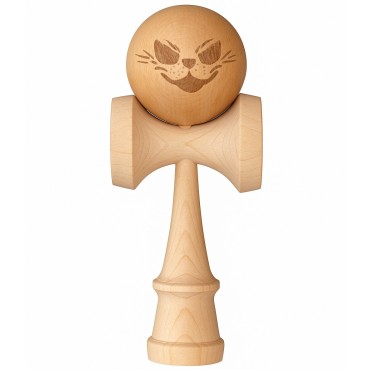 Jucarie Interactiva Kendama, Flippy, din Lemn, 18 cm, Joc de Indemanare pentru Copii si Adulti, Model Crazy Cat, Maro Natur