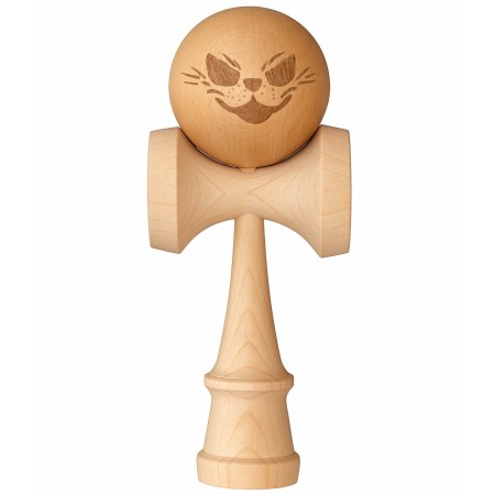 Jucarie Interactiva Kendama, Flippy, din Lemn, 18 cm, Joc de Indemanare pentru Copii si Adulti, Model Crazy Cat, Maro Natur
