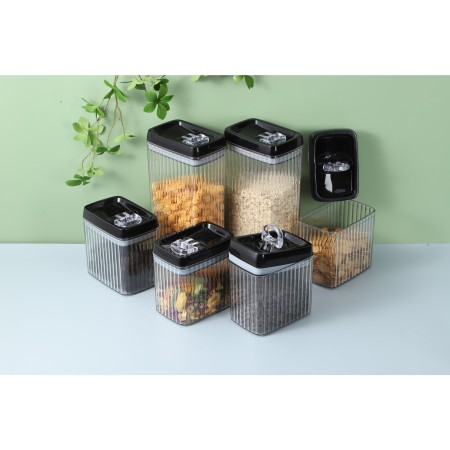 Cutii de Depozitare Alimente, Flippy, Set din 6 Cutii de tip Container, Recipiente pentru Cereale in Bucatarie,  Transparente cu Capac Negru