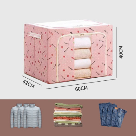 Cutie de Depozitare Pliabilă, 100L, Țesătură Oxford, Cadru Metalic, Bază Stabilă, Fermoar Dublu, Fereastră Frontală, Imprimeu Cireșe, 60x42x40 cm, Roz