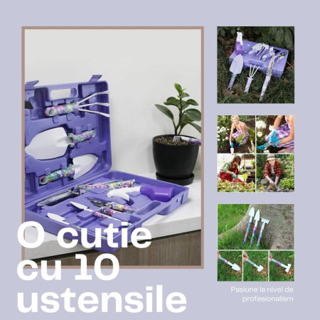 Set 10 Accesorii Grădinărit cu Geantă Depozitare, Oțel Inoxidabil, Foarfeci + Lopeți + Pulverizator, 37 x 29 cm, Mov