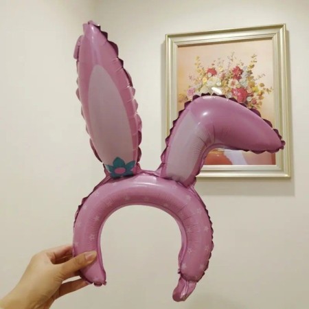 Balon din Folie Metalizata, Flippy, Tip Coronita cu Urechi, Model Iepure, Ambalaj Individual, Pai Inclus, Umflare cu Aer sau Heliu, 38 x 45 cm, Roz