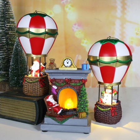Decoratiune de Craciun tip Balon cu Aer Cald, Flippy, Balon cu Mos Craciun, din Rasina, Model Balon cu Aer Cald si Mos Craciun Iluminare LED, 17 x 5 x 5 cm, Gri Rosu