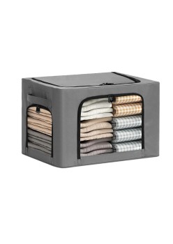 Cutie de Depozitare, Flippy, cu 3 Ferestre cu Fermoar Bidirectional, Cadru din Otel, Impermeabil, 38L, 42 x 30 x 30 cm, Gri Inchis
