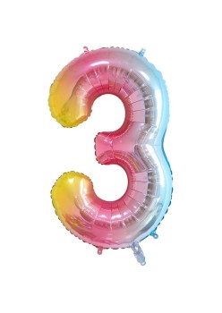 Balon din Folie Metalizata Gradient Flippy, Figurina Cifra, Tema Aniversare 100 cm, Ambalaj Individual, Pai inclus, Umflare cu Aer sau Heliu, Multicolor, Cifra 3
