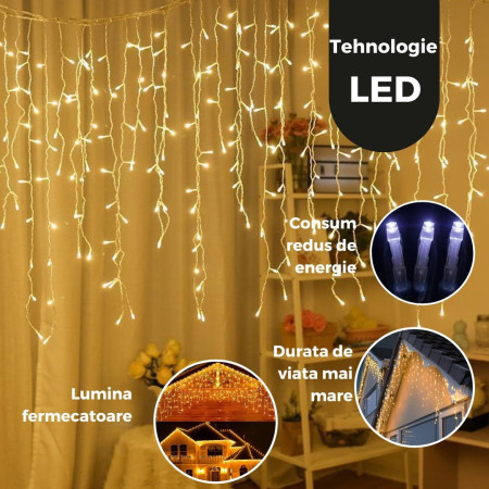 Instalatie Craciun Tip Franjuri/Turturi, lungime 12 m, 300 LED-uri, Prelungitor 1.5 m, Conectare la Retea, Fir transparent, Alb Cald
