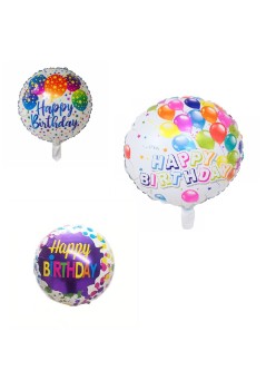 Set 3 Baloane din Folie Metalizata, Flippy, Mini Figurina Rotunda, Model Happy Birthday, 45 cm, Ambalaj Individual, Pai inclus, Umflare cu Aer sau cu Heliu, Multicolor