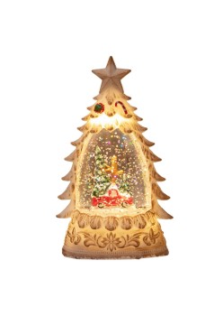 Decoratiune de Craciun tip Brad, Flippy, Glob de Cristal cu Fulgi de Zapada, Model Masinuta cu Brad, Iluminare LED, 16 x 9 x 5 cm, Carcasa Vintage Bej, Transparent