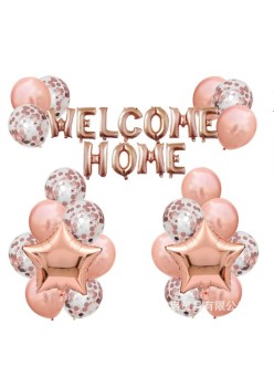 Set baloane folie si latex, Flippy, WELCOME HOME, 22 de piese, 20 baloane latex, 2 baloane stea Folie, 1 set Welcome Home, Rose gold metalic