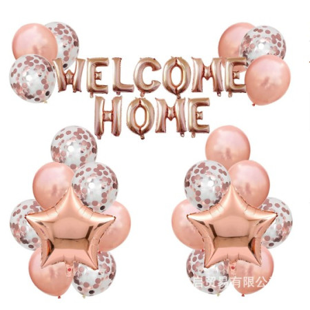 Set baloane folie si latex, Flippy, WELCOME HOME, 22 de piese, 20 baloane latex, 2 baloane stea Folie, 1 set Welcome Home, Rose gold metalic