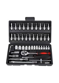 Chei tubulare Set 46 de Piese, Flippy, Trusa Scule de Reparatii Auto, Prelungitoare Rigid si Flexibil, Articulatie Cardanica, Antrenor de Forta Glisant, Adaptoare, Maner pentru Surubelnita, 23 x 12 x 4 cm, 1.9 kg, Cutie Neagra