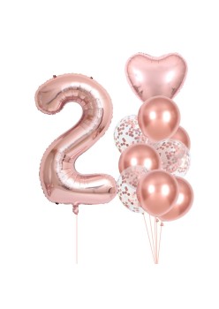 Set 10 Baloane Folie si Latex, Flippy, Tematica Aniversare, Baloane Latex 25cm, Figurina Inimioara 45 cm, Cifra 2 de 81 cm, Ambalaj Individual, Pai Inclus, Umflare cu Aer sau Heliu, Roz Pal