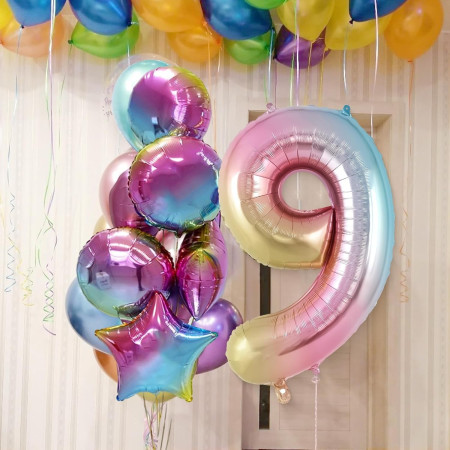 Balon din Folie Metalizata Flippy, Figurina Cifra, Tema Aniversare 40 cm, Ambalaj Individual, Pai inclus, Umflare cu Aer sau Heliu, Multicolor, Cifra 9