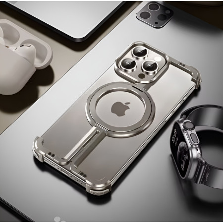 Husa MagSafe Metalica Compatibila cu iPhone 15 Pro, Flippy, Clear Case, Aliaj de Aluminiu, cu Magnet, fara Rama, Antisoc, Antizgariere, Incarcare Wireless, Gri Metalizat