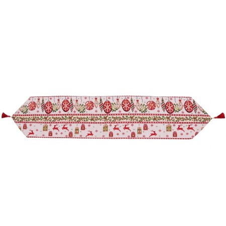 Traversa de Masa pentru Craciun, Flippy, Napron, din Material Tricotat cu Tesatura Groasa, Model Globuri, Reni si Cadouri, cu Colt si Ciucure, 173x34x0.2 cm, Alb/ Rosu