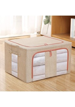 Cutie de Depozitare Pliabilă, 66L, Textil Bumbac & In, 50x40x33 cm, Fermoar, Fereastră Transparentă, Cadru Metalic, Bază Stabilă, Crem