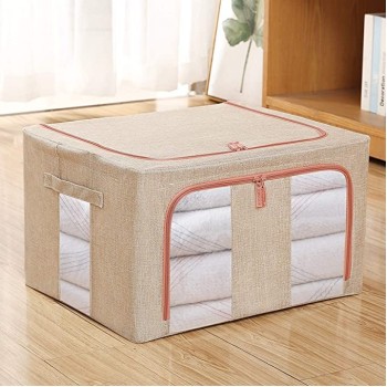 Cutie de Depozitare Pliabilă, 66L, Textil Bumbac & In, 50x40x33 cm, Fermoar, Fereastră Transparentă, Cadru Metalic, Bază Stabilă, Crem