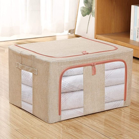 Cutie de Depozitare Pliabilă, 66L, Textil Bumbac & In, 50x40x33 cm, Fermoar, Fereastră Transparentă, Cadru Metalic, Bază Stabilă, Crem