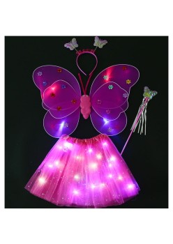 Costum Fluturas Fairy Dress cu Aripi Modelabile Luminoase pentru Copii, Fusta din Tul cu Lumini, 4 piese, Bumbac/Poliester, Roz-Rosu
