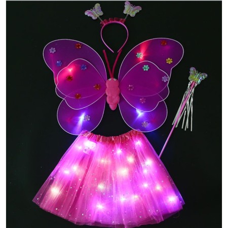 Costum Fluturas Fairy Dress cu Aripi Modelabile Luminoase pentru Copii, Fusta din Tul cu Lumini, 4 piese, Bumbac/Poliester, Roz-Rosu