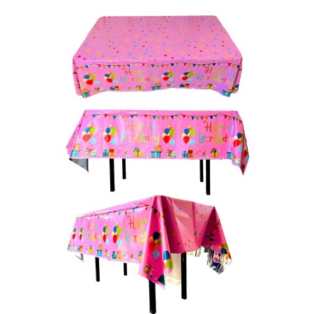Fata de Masa, Flippy, din Folie, Imprimeu Happy Birthday cu Baloane, 137 x 274 cm, Roz