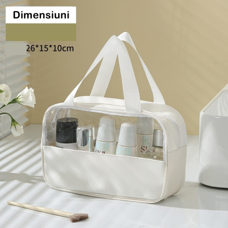 Geanta cosmetice, pentru voiaj sau organizare, material PVC/textil, impermeabila, portabila, 26 x 15 x 10 cm, alb