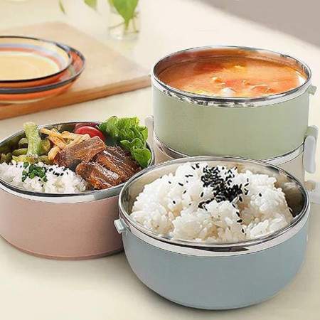 Set 2 Caserole pentru alimente Flippy, lunch box, 1400 ml, otel inoxidabil, maner, valva aerisire, 15.5 x 15 cm, inchidere etansa, multicolor