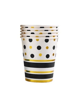 Set 10 Pahare, Flippy, Imprimeu cu Buline si Dungi, din Carton, 250 ml, 7.5 x 8.5 x 5.2 cm, Negru/Auriu