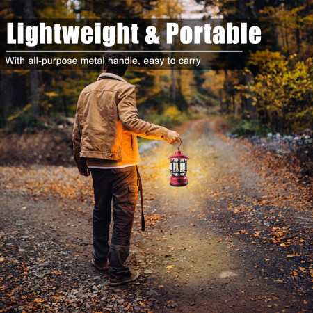 Lampă Portabilă Camping Roșie, Felinar Vintage cu Cârlig, 21 COB LED, Intensitate Reglabilă, 360° Iluminare, 5W, ABS, 10.8x14 cm