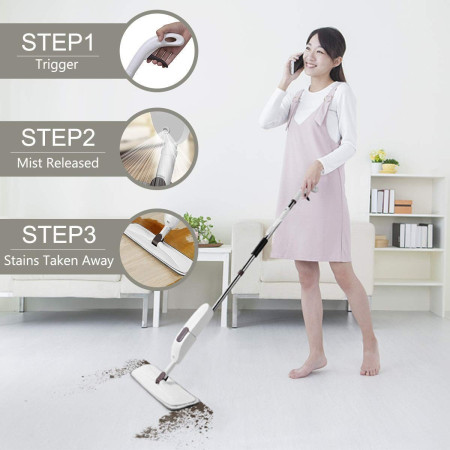 Mop plat, Flippy, cu pulverizator, pentru uz casnic, plastic, rezerva de mop din microfibra, 125x40 cm, Alb/Mov