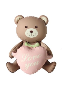 Balon din Folie Metalizata, Flippy, Figurina Animata, Model Ursulet cu Inimioare, 105.5 x 66.5 cm, Ambalaj Individual, Pai Inclus, Umflare cu Aer sau Heliu, Maro
