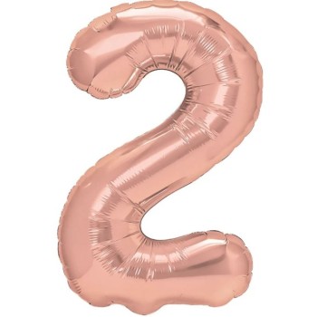 Balon din Folie Metalizata Flippy, Figurina Cifra, Tema Aniversare 80 cm, Ambalaj Individual, Pai inclus, Umflare cu Aer sau Heliu, Rose, Cifra 2