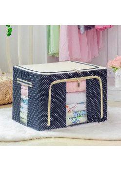 Cutie de Depozitare Pliabilă Premium, 66L, Pânză Oxford, Cadru Metalic, Fermoar Dublu, Ferestre Frontală și Laterală, Imprimeu Buline, 50x40x33 cm, Albastru Marin