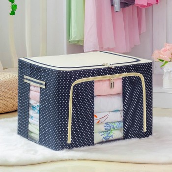 Cutie de Depozitare Pliabilă Premium, 66L, Pânză Oxford, Cadru Metalic, Fermoar Dublu, Ferestre Frontală și Laterală, Imprimeu Buline, 50x40x33 cm, Albastru Marin