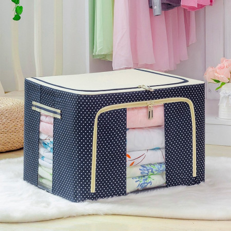 Cutie de Depozitare Pliabilă Premium, 66L, Pânză Oxford, Cadru Metalic, Fermoar Dublu, Ferestre Frontală și Laterală, Imprimeu Buline, 50x40x33 cm, Albastru Marin