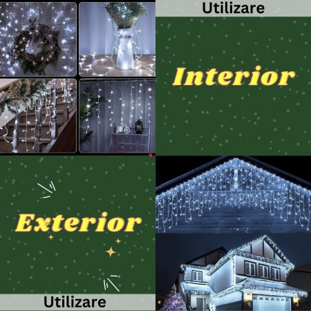 Instalatie Craciun Tip Franjuri/Turturi, 8 Jocuri de Lumini, Interconectabila, 4 m, 120 LED-uri, Prelungitor 1.5 m, Fir transparent, Alb Rece