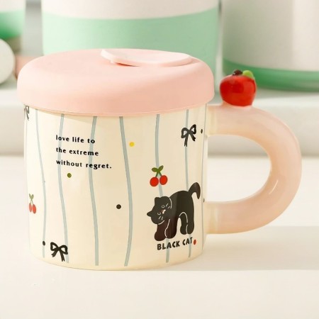 Cana din Ceramica cu Capac si Pai, Flippy, Capacul si Paiul din Silicon Roz, 9x8.5 cm, Model Cute A, Capacitate 380ml