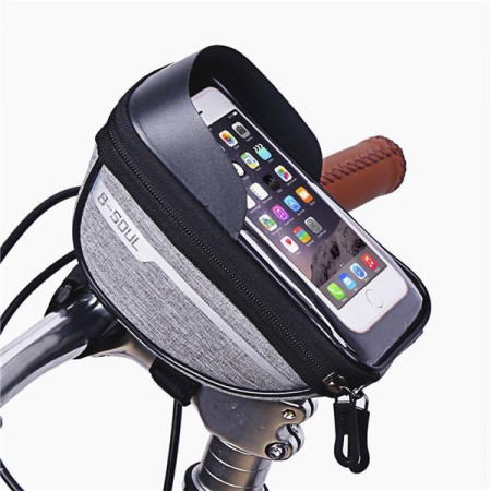 Borseta bicicleta impermeabila cu husa pentru telefon Flippy, montare pe ghidon, compatibila cu telefoane de pana la 16 cm, spatiu depozitare, 18.5x9.5 cm, gri