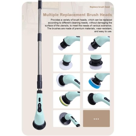 Perie Electrica de Curatare, Flippy, pentru Gresie, Baie, Bucatarie, 25x20x9.5 cm, cu 6 Capete, Maner Extensibil Detasabil 84-127cm, Incarcare USB-Type C, Rotire 360 de Grade, 3000 mAh, Culoare: Verde