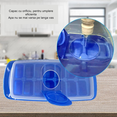 Forma pentru gheata cu capac, plastic alimentar, orificiu umplere, 29.5 x 12.5 x4 cm, 14 cuburi, Albastru