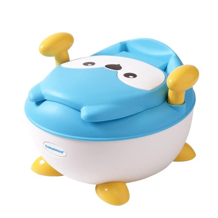 Olita pentru Copii, Flippy, +6 luni, Compartiment Detasabil, cu Capac, Antiderapanta, din Plastic, Colac Moale, Model Animat Vulpe, cu Maner, 34.5 x 35 x 23 cm, Albastru/Alb