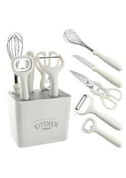 Set 6 ustensile bucatarie Flippy, cu suport inclus, desfacator, curatator legume, foarfeca, cutit, tel, ABS si inox, alb