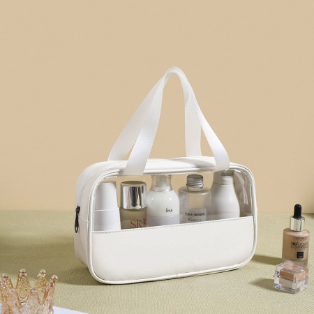 Geanta cosmetice, pentru voiaj sau organizare, material PVC/textil, impermeabila, portabila, 26 x 15 x 10 cm, alb