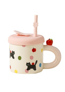 Cana din Ceramica cu Capac si Pai, Flippy, Capacul si Paiul din Silicon Roz, 9x8.5 cm, Model Cute B, Capacitate 380ml