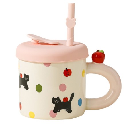 Cana din Ceramica cu Capac si Pai, Flippy, Capacul si Paiul din Silicon Roz, 9x8.5 cm, Model Cute B, Capacitate 380ml