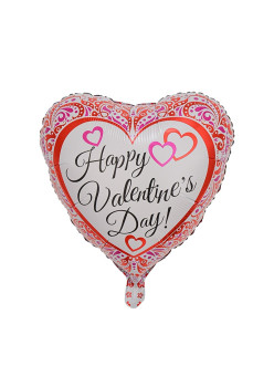 Balon din Folie Metalizata, Flippy, Figurina Inimioara, Model Happy Valentine's Day, Tematica Iubire, 45 cm, Ambalaj Individual, Pai Inclus, Umflare cu Aer sau Heliu, Rosu