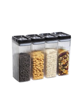 Cutii de Depozitare Alimente, Flippy, Set din 4 Cutii de tip Container, Recipiente pentru Cereale in Bucatarie,  Transparente cu Capac Negru